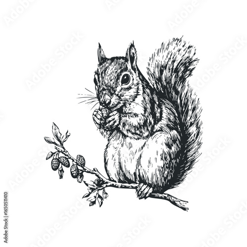 Detailed ink sketch of a squirrel holding a nut on a branch