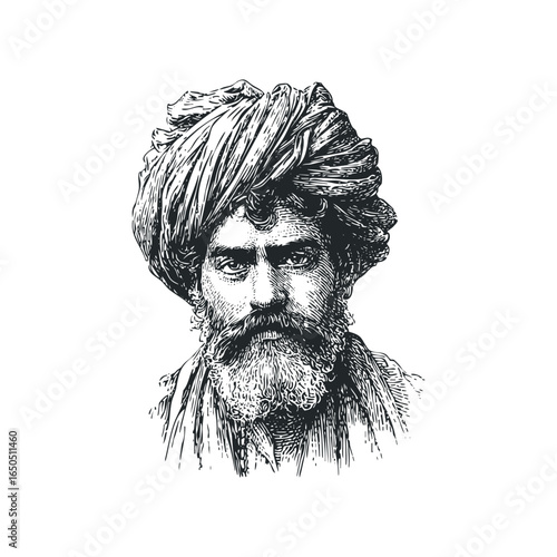 Vintage Engraving Portrait of a Bearded Man Wearing a Turban
