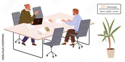Two colleagues at office table collaborate using laptop and documents. Nearby, a potted plant adds greenery while a message notification indicates a secure code. Ideal for teamwork, collaboration