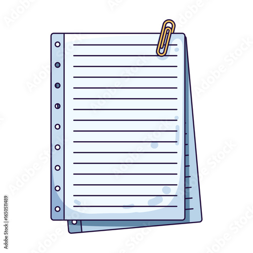 Lined Loose-Leaf Paper Sheets with Paperclip, Cartoon Illustration