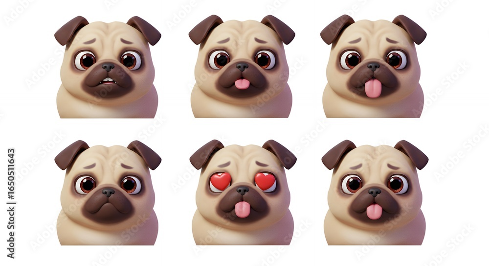Obraz premium Pug dog faces set with various expressions
