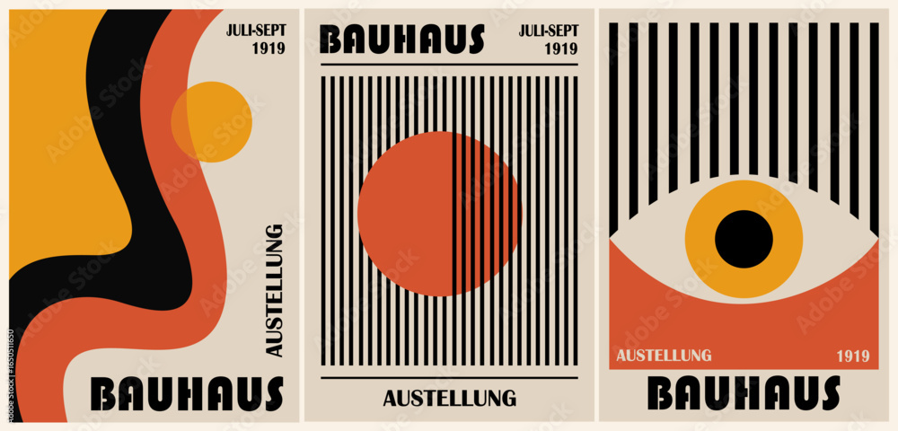 Ταπετσαρία Set of Bauhaus vector posters with bold geometric shapes, abstract lines, and retro typography