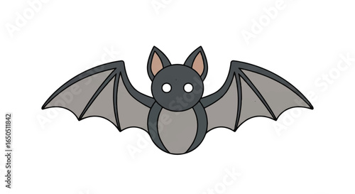 Cute grey cartoon bat with spread wings large ears and simple blank white eyes.