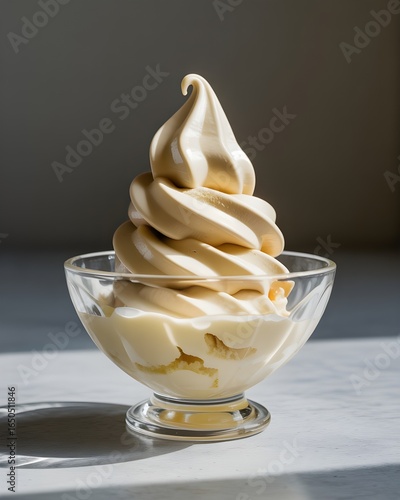 Creamy swirl soft serve ice cream in a glass bowl