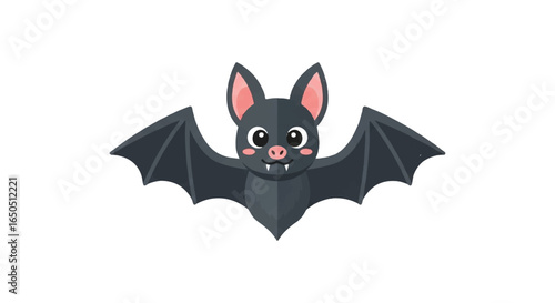 Cute cartoon vampire bat with spread wings rosy cheeks and fangs Adorable flying Halloween character illustration.