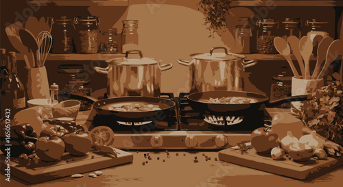 Detailed vector illustration of a gourmet kitchen with food simmering in pans on a stovetop, surrounded by fresh ingredients and utensils