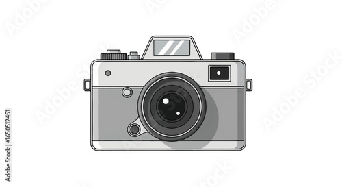 Grayscale cartoon illustration of a vintage analog film camera front view.