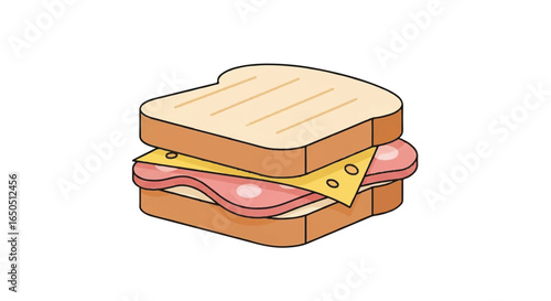 Grilled ham and Swiss cheese sandwich with toast marks cartoon style illustration.