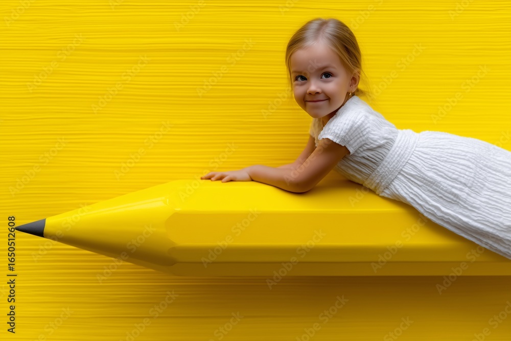 Naklejka premium girl lying on pencil, child in white dress, school design for kids website