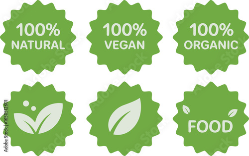 Green EcoFriendly Badges 100% Natural, Vegan, Organic, PlantBased, and Raw Food Icons Set