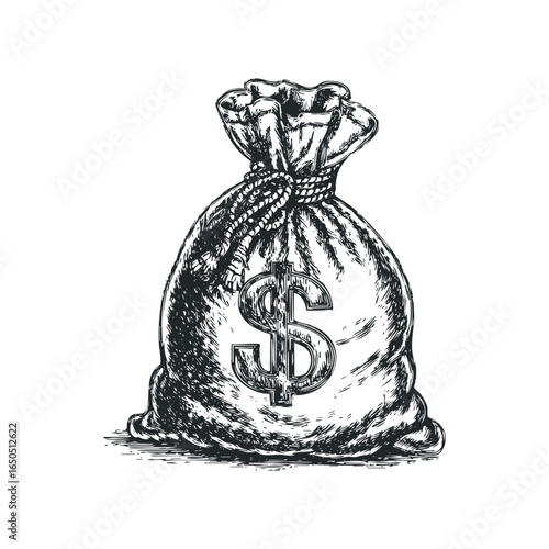 Pouch with dollar symbol drawn with hatching technique