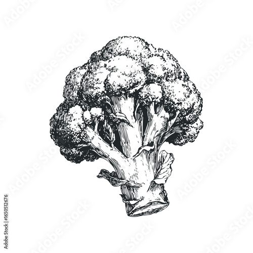 Black and White Sketch of a Broccoli Florets Head and Stem