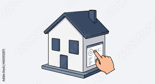 Isometric illustration of a hand controlling a smart home via a digital touch screen panel on the house wall.