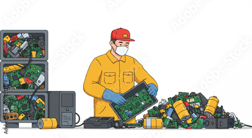 Illustrated worker in a yellow uniform face mask and gloves sorting through electronic waste and circuit boards.