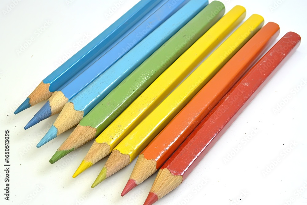 Fototapeta premium Seven brightly colored, slightly used, oversized pencils arranged in a diagonal row on a white background, showing varying degrees of sharpening and paint wear