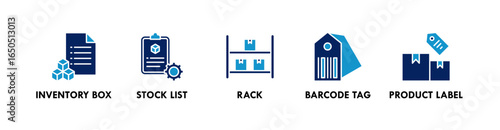 Inventory Management banner web icon illustration concept with icon of inventory box, stock list, rack, barcode tag, and product label