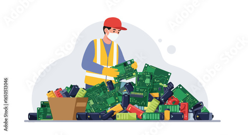 Male worker in a red cap face mask and safety vest sorting a pile of discarded electronic waste circuit boards and batteries.