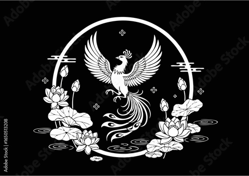 Dramatic black and white illustration of a phoenix rising from flames surrounded by lotus flowers and water.