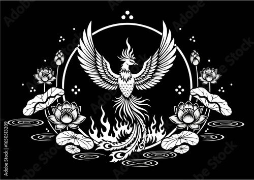 Dramatic black and white illustration of a phoenix rising from flames surrounded by lotus flowers and water.