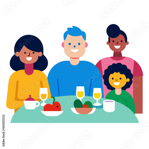 Diverse family enjoying a meal together at a table