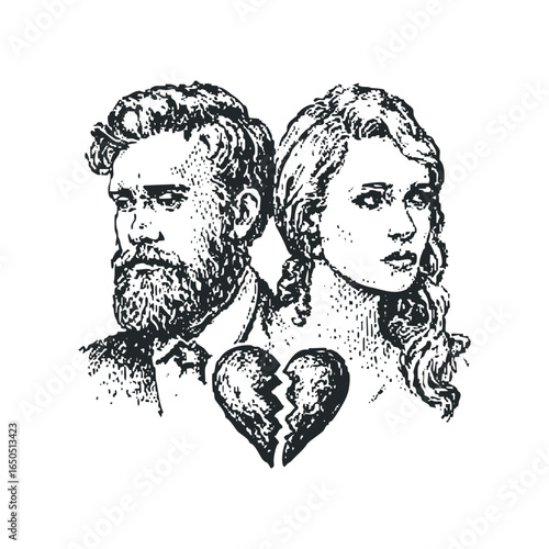 Man and woman facing away with a broken heart symbol between them