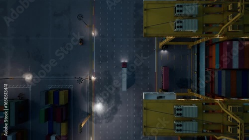 An aerial view captures container port operations at night, showcasing the bustling activity