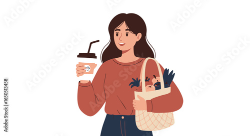 Woman enjoying coffee and groceries on a morning stroll
