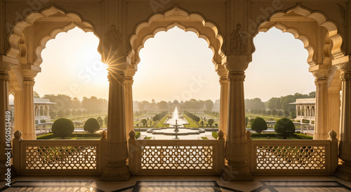 ultra-realistic inside out view of symmetrical indian royal palace balcony with sunlight streaming through columns isolated on white background