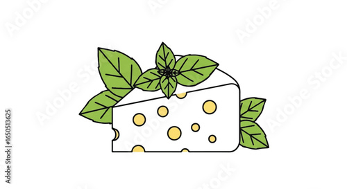 Minimalist line drawing of a white cheese wedge with yellow holes garnished with vibrant green basil leaves.
