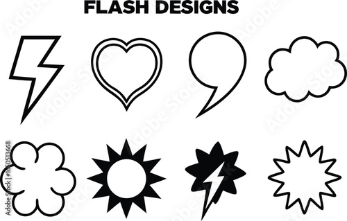 Collection of eight comic book style graphic design elements including lightning bolts hearts speech bubbles and clouds