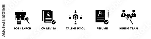 Recruitment banner web icon illustration concept with icon of job search, cv review, talent pool, resume, and hiring team