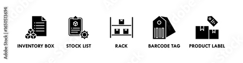 Inventory Management banner web icon illustration concept with icon of inventory box, stock list, rack, barcode tag, and product label