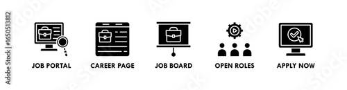 Recruitment banner web icon illustration concept with icon of job portal, career page, job board, open roles, and apply now