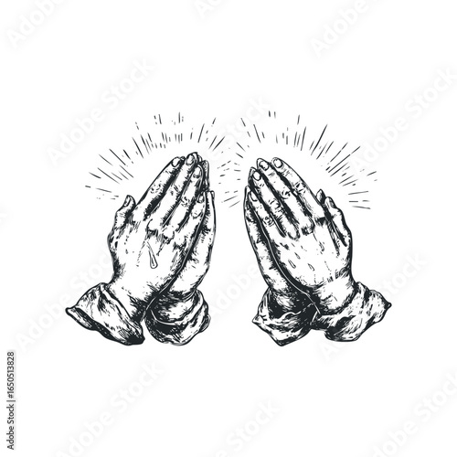 Hands in prayer gesture with radiating lines and single tear