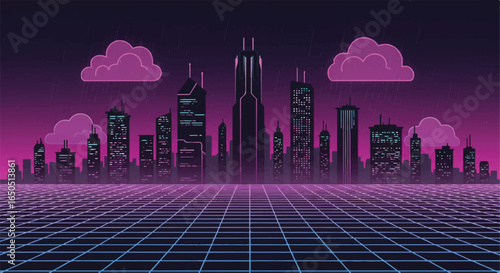 Neon synthwave cityscape with a glowing perspective grid under a rainy purple night sky.