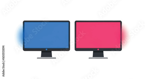 Pair of modern desktop computer monitors with vibrant blue and pink screens glowing.
