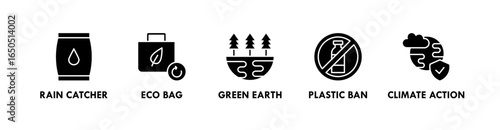 Environmental Conservation banner web icon illustration concept with icon of rain catcher, eco bag, green earth, plastic ban, and climate action