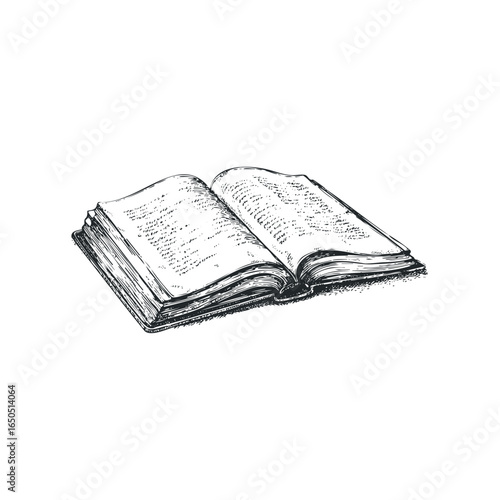 Detailed sketch of an open book with handwritten text on pages