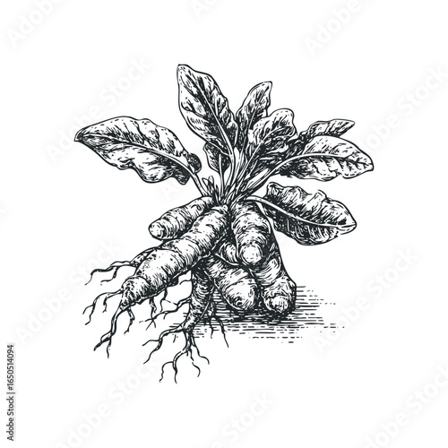 Hand-drawn sketch of fresh root vegetables with green leafy tops