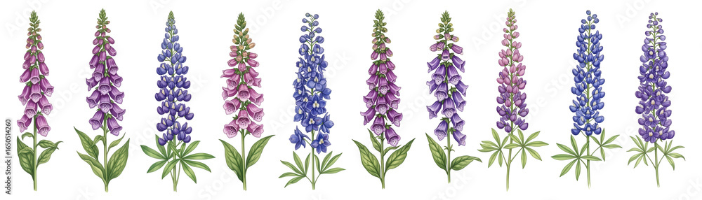 Obraz premium Colorful lupine flowers in vibrant shades of purple and pink, creating a beautiful floral array.