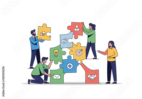 Five figures assemble puzzle pieces with icons of chat profile mail idea target etc