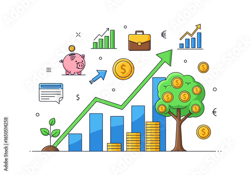 Financial growth icons show upward trend on a graph leading to a money tree