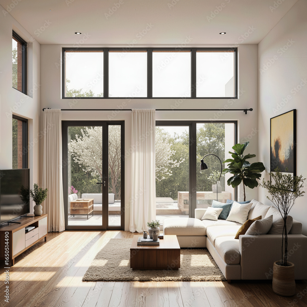 Fototapeta premium A bright, modern living room with high ceilings and large windows that open to a garden patio, creating a seamless and airy indoor-outdoor living experience.
