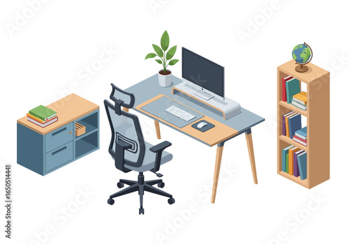 Isometric office setup desk chair computer plant storage bookcase and globe