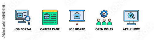 Recruitment banner web icon illustration concept with icon of job portal, career page, job board, open roles, and apply now