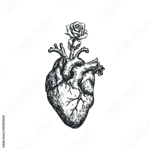 Hand drawn anatomical heart with blooming rose emerging from aorta