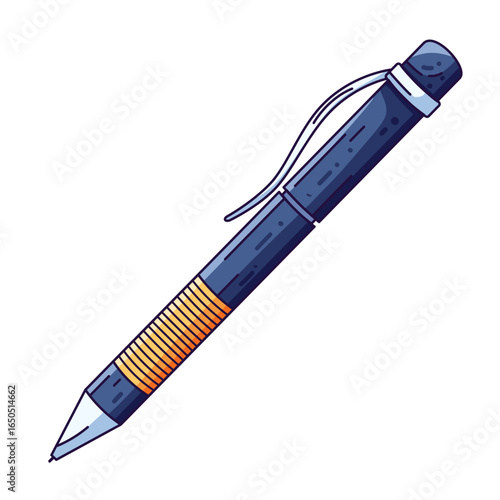 Black ballpoint pen with orange grip and clip. Cartoon style with bold outlines—ideal for school supplies, office stationery, writing tools, study accessories, and creative design projects.