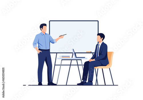 Two men in a meeting One is standing and pointing at a white board the other is sitting