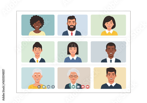 Video call screen with nine diverse participants each in their own frame