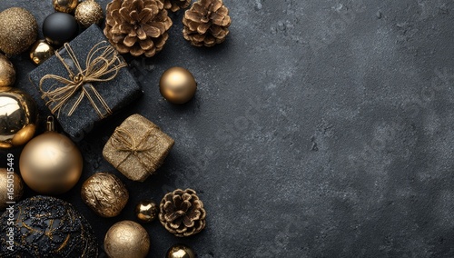 Dark Christmas ornaments and gifts on a stone surface